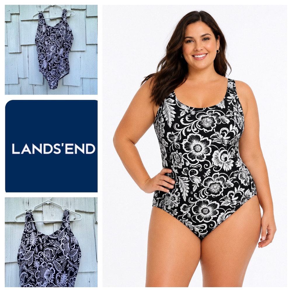 Lands End Womens 20W One Piece Swimsuit Black White Floral Paisley Scoop Neck